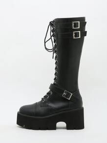 Botas de combate con diseño de hebilla con cordón delantero plataforma - Negro - Ver 5