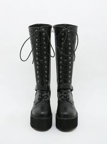 Botas de combate con diseño de hebilla con cordón delantero plataforma - Negro - Ver 6