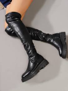 女士黑色過膝極簡側拉鏈靴子