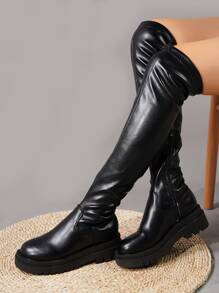 女士黑色過膝極簡側拉鏈靴子