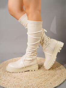 Tie Leg Design Side Zip Boots - Beige - View 6
