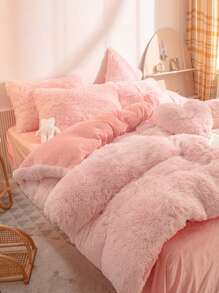 Plush Plain Color Duvet Cover Set Without Filler - Coral Pink - View 2