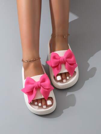 女士可爱蝴蝶结拼布毛绒家居和沙滩拖鞋