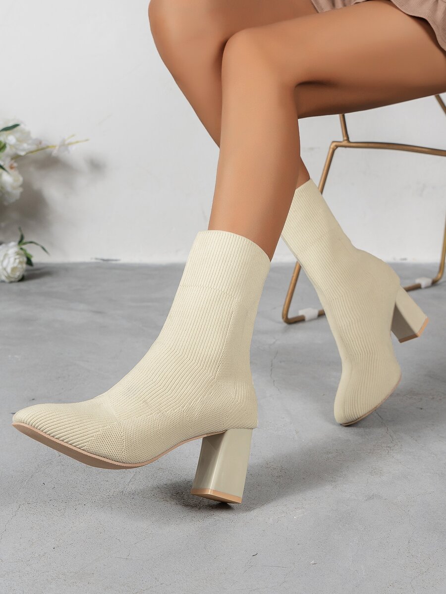 Women Plain Color Chunky Heel MidCalf Knitted Fashion Boots, Suitable