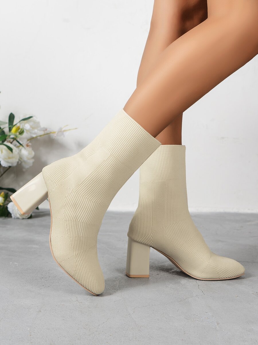 Women Plain Color Chunky Heel MidCalf Knitted Fashion Boots, Suitable