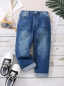 Toddler Boys Single Button Cat Scratch Straight Leg Jeans - Medium Wash - View 1