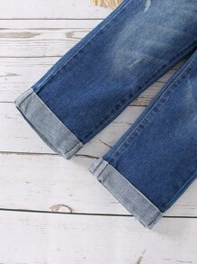 Toddler Boys Single Button Cat Scratch Straight Leg Jeans - Medium Wash - View 3