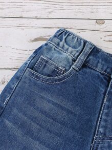 Toddler Boys Single Button Cat Scratch Straight Leg Jeans - Medium Wash - View 5