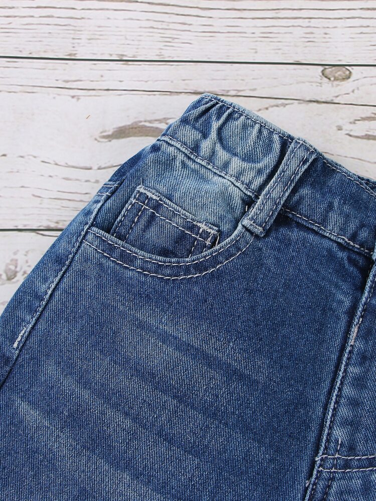 Niños Jeans de pierna recta con botón rasguño de gato - Azul lavado medio - Añade 5