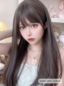 alicegarden 1 piece synthetic heat-resistant ,straight wig in Brown Wigs,with Bangs, 24 inches long, made from fiber, suitable for daily use,natural and realistic false hairpiece christmas winter christmas decor - Brown - View 3