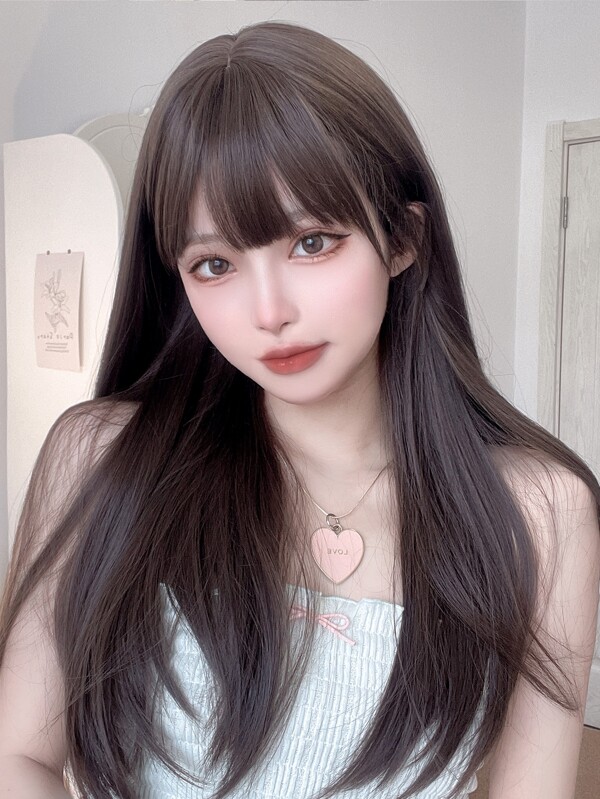 alicegarden 1 piece synthetic heat-resistant ,straight  wig in Brown Wigs,with Bangs, 24 inches long, made from fiber, suitable for daily use,natural and realistic false hairpiece christmas winter christmas decor