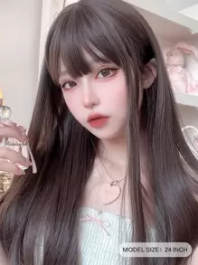 alicegarden 1 piece synthetic heat-resistant ,straight wig in Brown Wigs,with Bangs, 24 inches long, made from fiber, suitable for daily use,natural and realistic false hairpiece christmas winter christmas decor - Brown - View 4