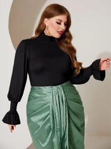 Modelyn Camiseta de cuello alto de manga con volante tejido de canalé - Negro - Ver 1