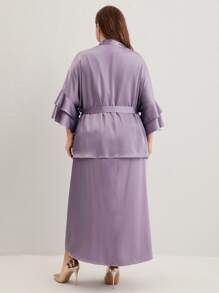 Modelyn Plus Solid Belted Satin Top & Dress Set - Mauve Purple - View 3
