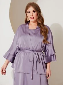 Modelyn Plus Solid Belted Satin Top & Dress Set - Mauve Purple - View 5