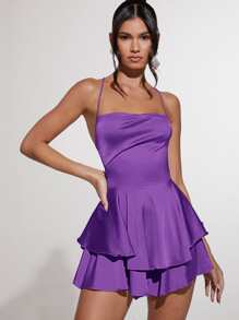 SHEIN BAE 堆堆領露背繫帶多層緞面裙裤連身短褲 - 紫羅蘭色 - 查看 2
