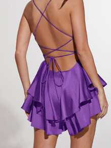SHEIN BAE 堆堆領露背繫帶多層緞面裙裤連身短褲 - 紫羅蘭色 - 查看 4