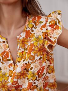 SHEIN Clasi 全身花卉印花荷葉袖套頭衫春襯衫 - 彩色 - 查看 4