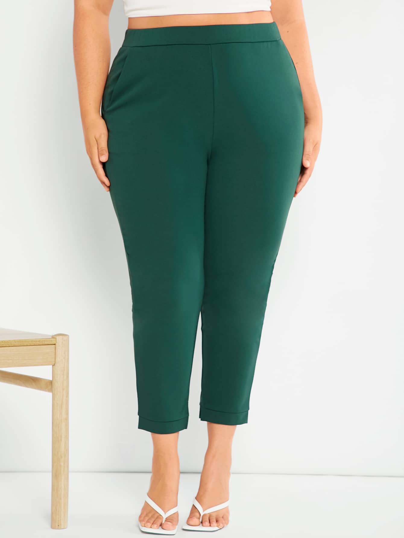 SHEIN Essnce Pantalones unicolor bajo con abertura - Verde Oscuro - Ver 1