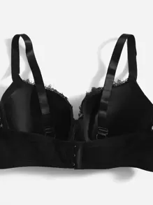 Plus Eyelash Lace Panel Push Up Bra - Black - View 4