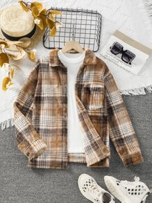 Girls Plaid Print Pocket Patched Jacket Without Tee - Multicolor - View 1