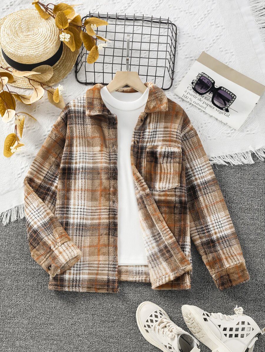 Girls Plaid Print Pocket Patched Jacket Without Tee - Multicolor - View 1
