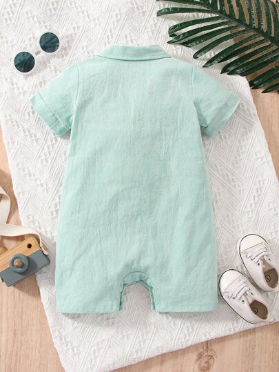 SHEIN Vintaside Kids Baby Boy Dinosaur Embroidery Button Half Placket Romper
