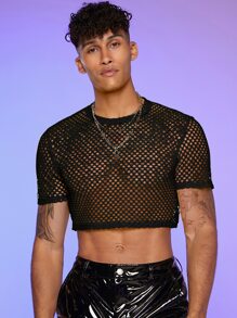 FeverCity Men Fishnet Mesh Crop Top - Black - View 1