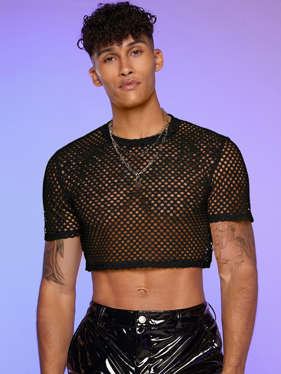 FeverCity Men Fishnet Mesh Crop Top - Black - View 1