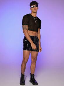 FeverCity Men Fishnet Mesh Crop Top - Black - View 3