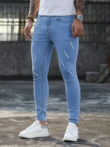 Manfinity Men Ripped Skinny Jeans - Light Wash - View 5