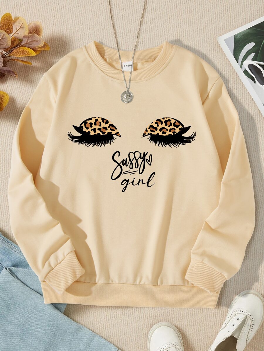 SHEIN Girls 1pc Eyelash & Letter Graphic Sweatshirt - Apricot - View 1