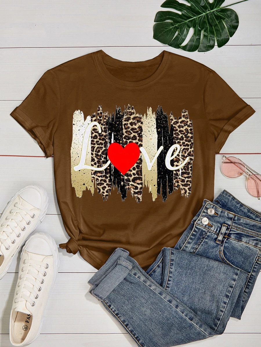 SHEIN LUNE 刷和字母圖案T恤 - 咖啡棕 - 查看 1