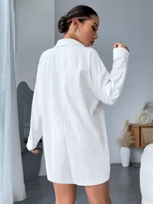 SHEIN EZwear Áo liền quần nữ Túi Nút phía trước màu trơn Giải trí - trắng - Xem 2