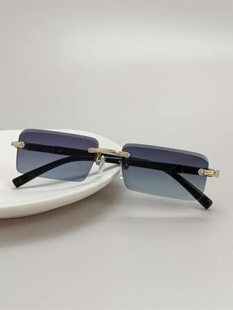 1pc Men Rimless Fashion Glasses With Metal Grey-Blue Square Decoration Shades Accessories Beach Accessories Glasses Shades Looks Street Style And Suit For Sweater Jacket Sweatshirt Hoodie Leather Pants And Cargo Pants For Summer Beach Vacation,Outdoor,Travel