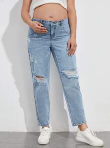 SHEIN Maternidad Jeans ajustados mom desgarro - Lavado ligero - Ver 1