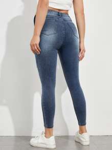 SHEIN Maternity High Waist Colourblock Ripped Skinny Jeans - Dark Wash - View 2