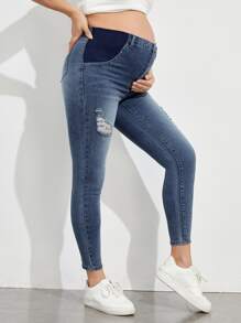 SHEIN Maternity High Waist Colourblock Ripped Skinny Jeans - Dark Wash - View 4