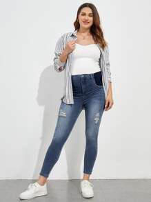 SHEIN Maternity High Waist Colourblock Ripped Skinny Jeans - Dark Wash - View 5
