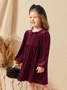 SHEIN Toddler Girls Knot Front Lantern Sleeve Velvet Dress - Maroon - View 5