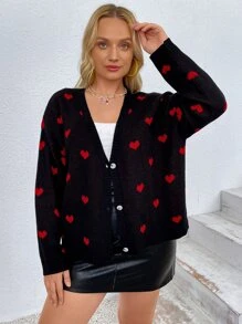 SHEIN EZwear 加大碼心形圖案垂墜肩黑色開衫 - 黑色 - 查看 4