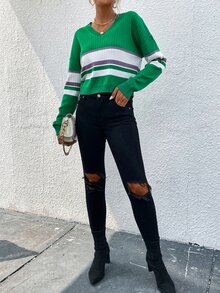 SHEIN Unity 條紋圖案撞色落肩袖套頭毛衣 - 綠色 - 查看 3