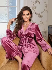 荷葉邊腰帶絲絨睡衣套裝 - 紫色 - 查看 4