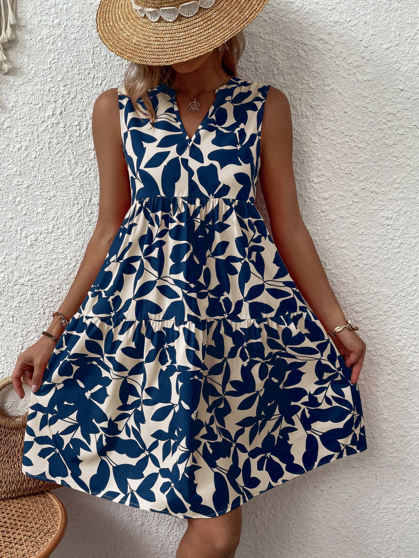 SHEIN Navy Blue Notch Neck Curved Hem Belted Floral Tunic Dress Women Summer Short Sleeve Bohemian Straight Midi Dresses