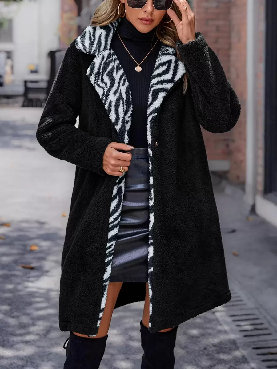 SHEIN LUNE Zebra Striped Lapel Collar Teddy Coat - Multicolor - View 1