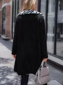 SHEIN LUNE Zebra Striped Lapel Collar Teddy Coat - Multicolor - View 2