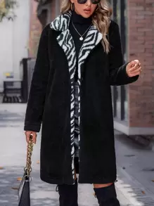 SHEIN LUNE Zebra Striped Lapel Collar Teddy Coat - Multicolor - View 4