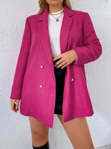 SHEIN Essnce Plus Double Breasted Lapel Collar Overcoat - Hot Pink - View 3