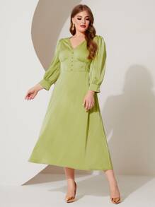 Modelyn Plus V-neck Buttoned Front Lantern Sleeve Satin Dress - Lime Green - View 1