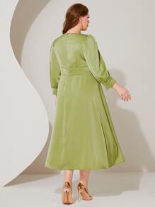 Modelyn Plus V-neck Buttoned Front Lantern Sleeve Satin Dress - Lime Green - View 2